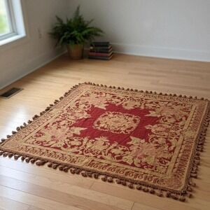 Opera Vtg Burgundy Gold Tapestry w Tassels 4' x 6' - 48" x 72" India Boho